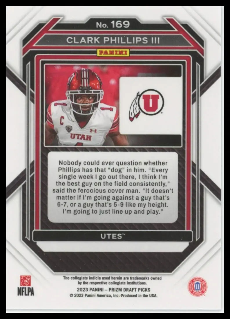 2023 Panini Prizm Draft Picks Clark Phillips III 169 Utah Utes - Football Card Single