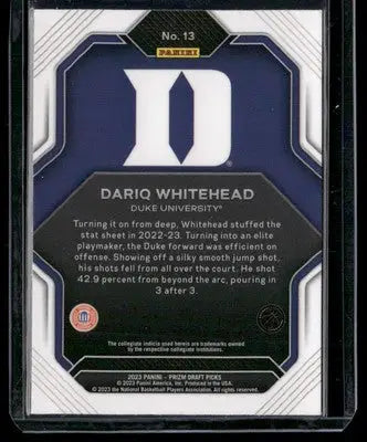 2023 Panini Prizm Draft Picks Dariq Whitehead #13 Fireworks RC Basketball - Basketball Card Single
