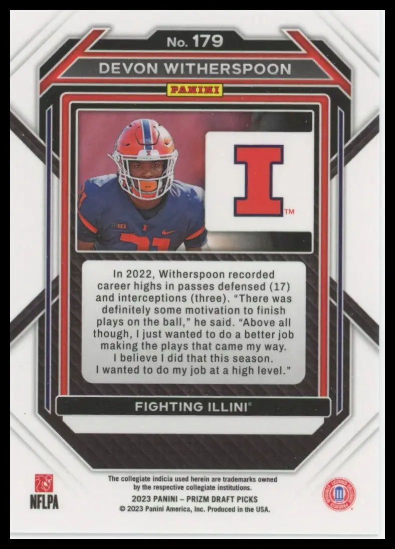 2023 Panini Prizm Draft Picks Devon Witherspoon 179 Illinois Fighting Illini - Football Card Single