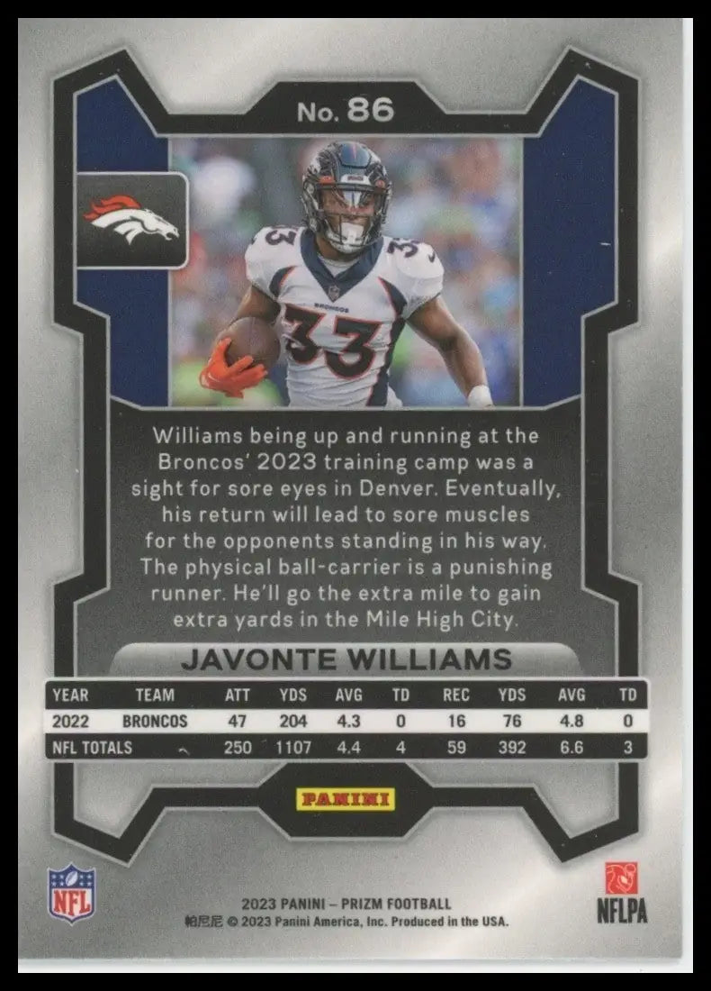 2023 Panini Prizm Javonte Williams #86 Denver Broncos Football Card NFL Sports - Football Card Single