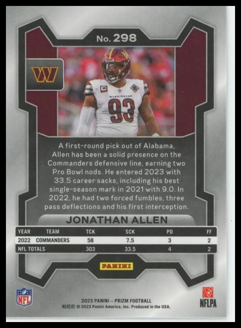 2023 Panini Prizm Jonathan Allen #298 Washington Commanders Football Card NFL - Football Card Single