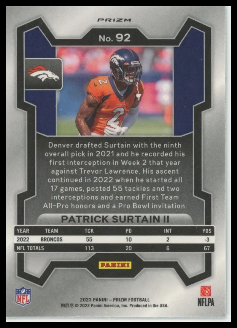 2023 Panini Prizm - Patrick Surtain II #92 Green Prizm - Football Card Single