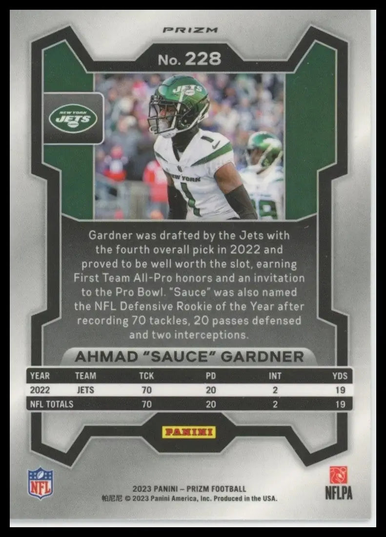 2023 Panini Prizm Red White and Blue Ahmad Sauce Gardner #228 New York Jets Card