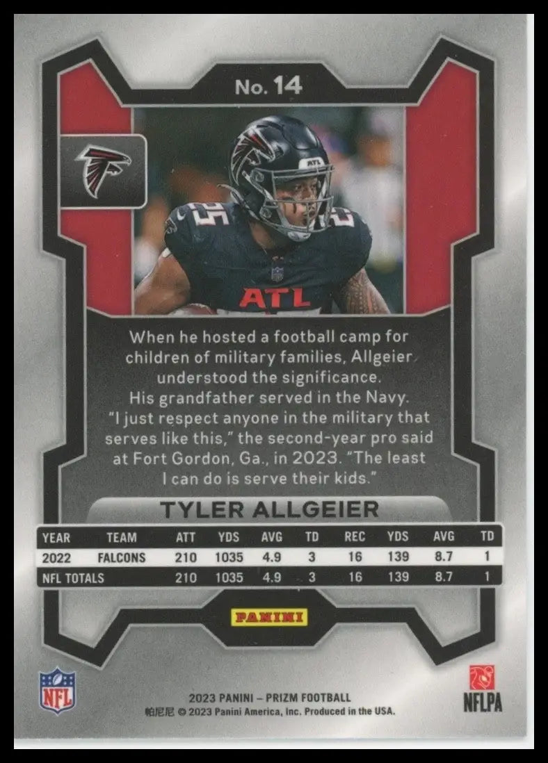 2023 Panini Prizm Tyler Allgeier #14 Atlanta Falcons Football Card NFL Sports - Football Card Single