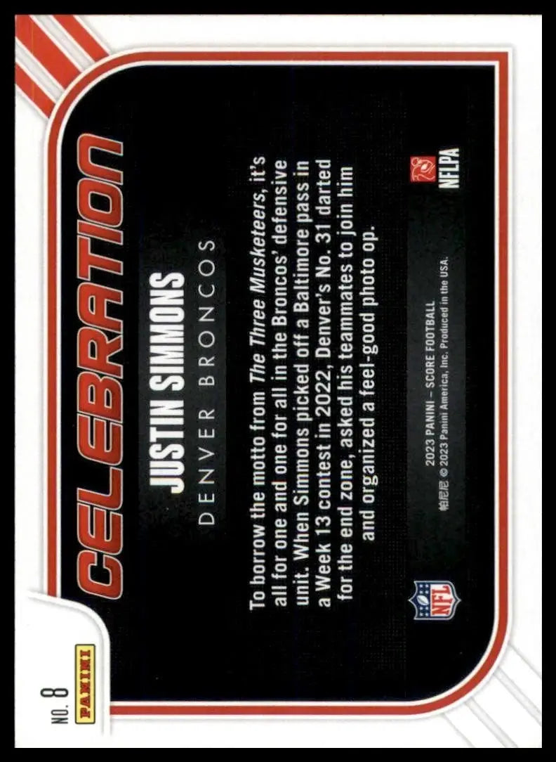 2023 Panini Score Celebration Justin Simmons #8 Denver Broncos Football Card NFL