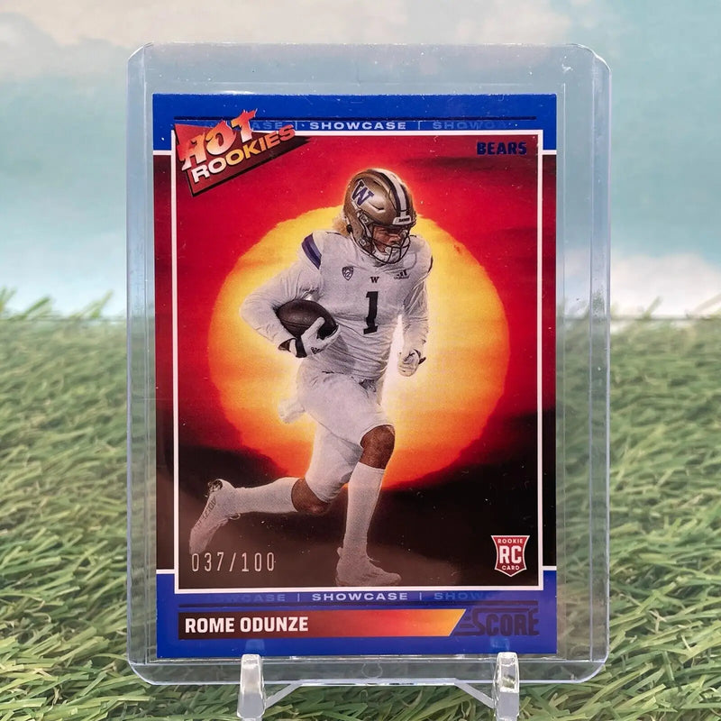 Rome Odunze football card from 2023 Panini Score Blue Hot Rookies limited edition