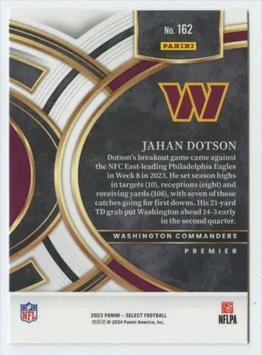 Original gloss Panini Select football card of Jahan Dotson for Washington Commanders