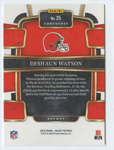 Back of a Deshaun Watson Panini Select football trading card with original gloss in Browns Concourse