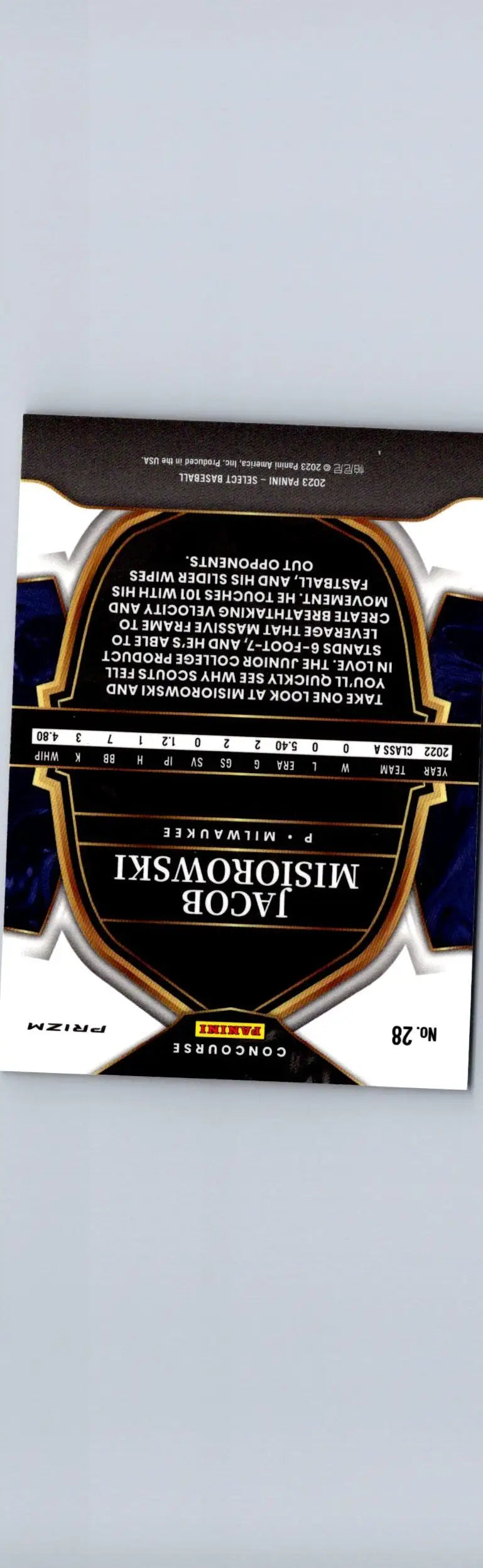 Baseball card of Jacob Misiorowski Blue from 2023 Panini Select Series