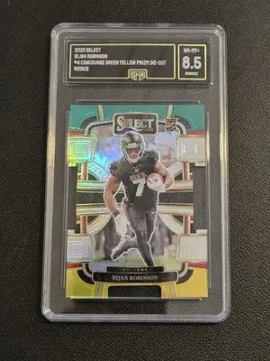 2023 Panini Select #4 Bijan Robinson Green and Yellow Prizms Die Cuts GMA 8.5 - Football Card Single