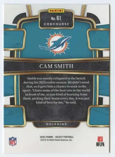 Cam Smith football card from Panini Select 2023 with original gloss Dolphins Concourse
