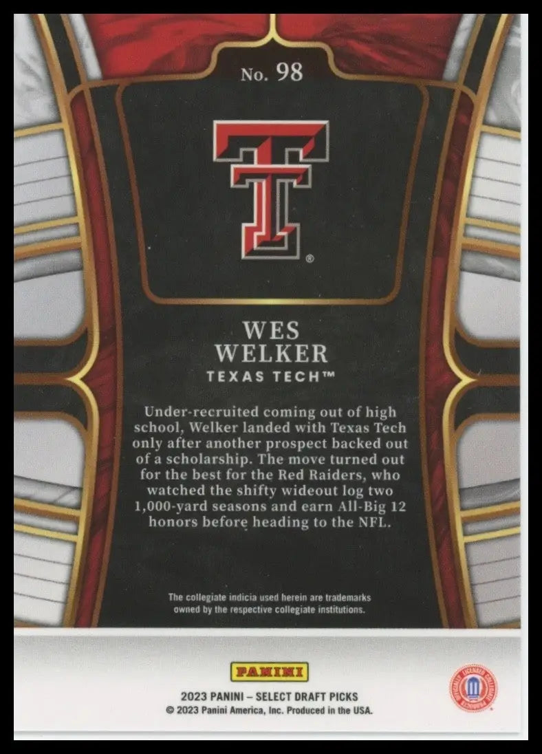 2023 Panini Select Draft Picks Concourse Wes Welker #98 Texas Tech Red Raiders - Football Card Single