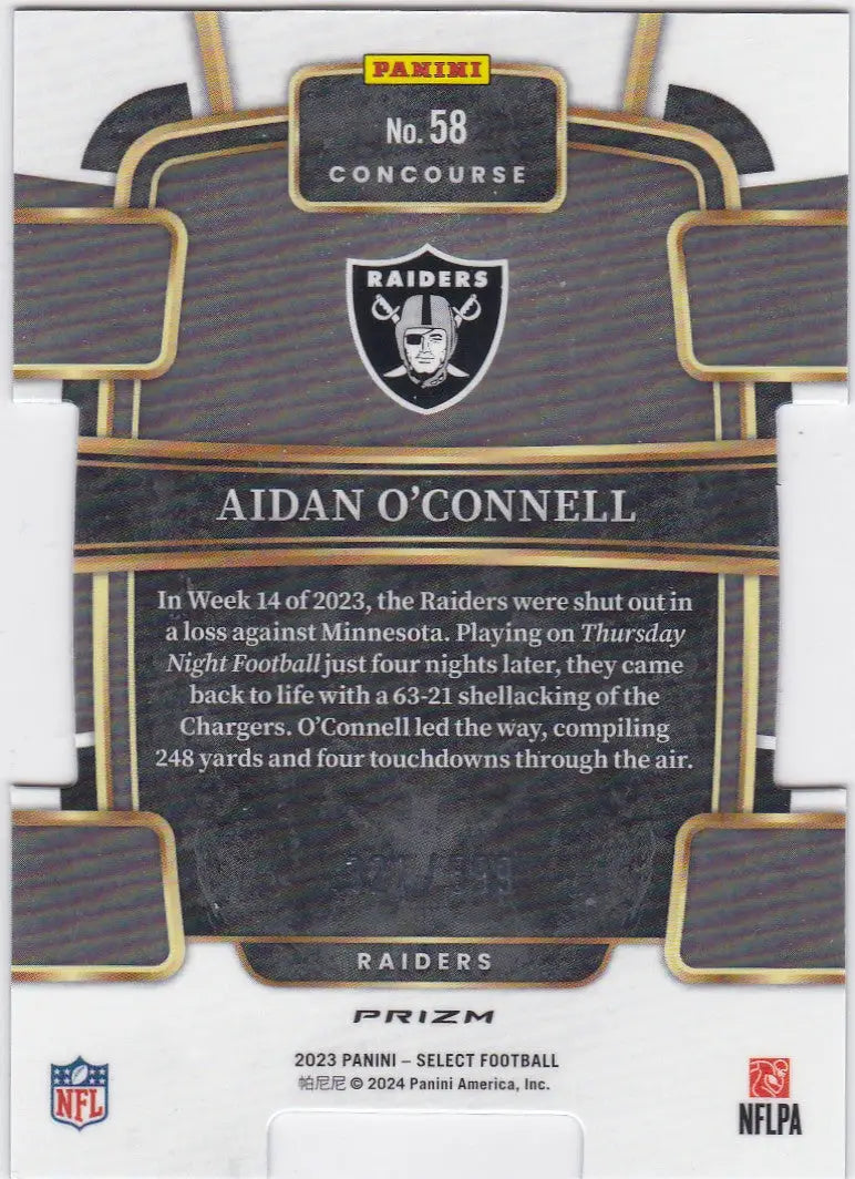 2023 Panini Select Neon Green Die Cut #58 Aidan O’Connell RC Raiders - Football Card Single