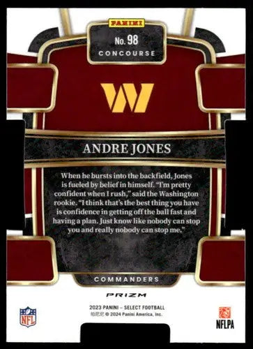 Back of Andre Jones Panini Select Silver Prizm Die-Cut trading card with original gloss