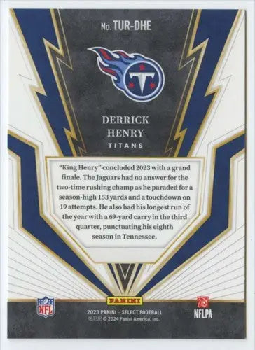Back of a Derrick Henry Tennessee Titans football card from 2023 Panini Select Turbocharged series