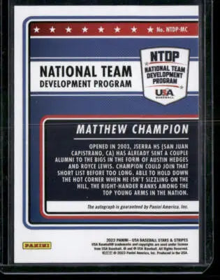 2023 Panini USA Baseball Stars & Stripes Matthew Champion #NTDP-MC Auto - Baseball Card Single