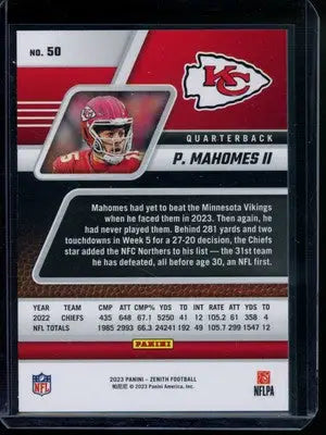 Kansas City Chiefs Patrick Mahomes II Zenith Football card from 2023 Panini Zenith Football