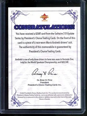 2023 President’s Choice Mario Andretti GOAT 1/1 Patch Auto Racing - Other