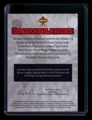 2023 President’s Choice Solitaire 2.0 Posterized Aaron Gordon 1/1 Game-used - Sports Memorabilia