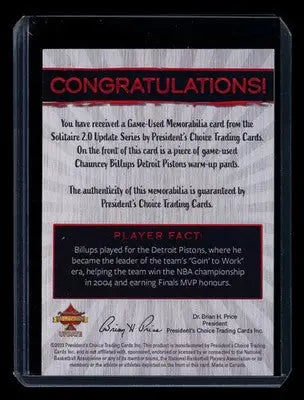 2023 President’s Choice Solitaire 2.0 Update Chauncey Billups 1/1 Patch Pants - Sports Memorabilia