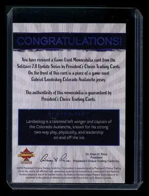 2023 President’s Choice Solitaire 2.0 Update Gabriel Landeskog 1/1 - Sports Memorabilia