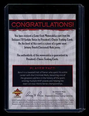 2023 President’s Choice Solitaire 2.0 Update Johnny Bench 1/1 - Sports Memorabilia