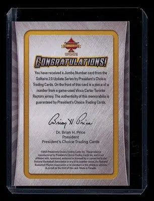 2023 President’s Choice Solitaire 2.0 Update Jumbo Number Vince Carter 1/1 - Sports Memorabilia