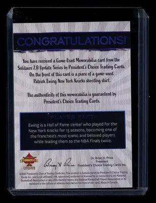 2023 President’s Choice Solitaire 2.0 Update Patrick Ewing 1/1 Patch