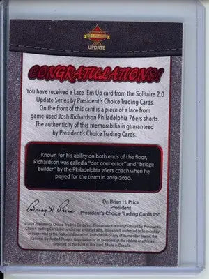 2023 President’s Choice Trading Cards Josh Richardson Lace ’Em Up 1/1