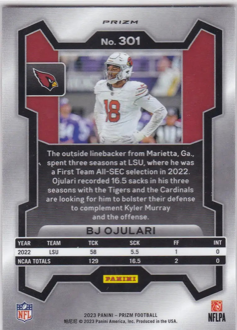 2023 PRIZM #301 BJ OJULARI ORANGE CRACKED ICE- ARIZONA CARDINALS