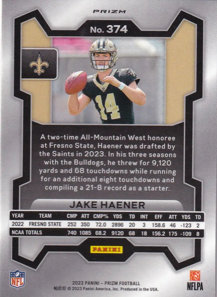 2023 PRIZM #374 JAKE HAENER ORANGE LAZER- NEW ORLEANS SAINTS