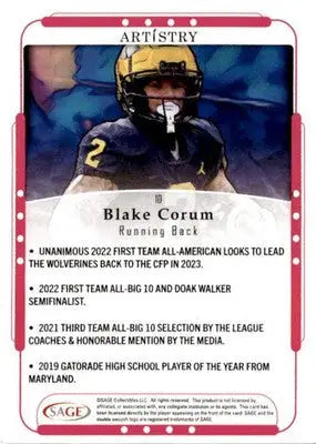 2023 SAGE Artistry #10 Blake Corum - Football Card Single
