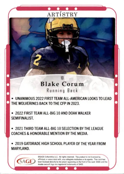 2023 SAGE Artistry #10 Blake Corum - Football Card Single