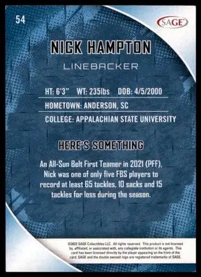 2023 SAGE HIT - Red Nick Hampton 54 Chicago Bears