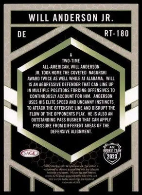 2023 SAGE HIT Will Anderson Jr. RT-180 Alabama Crimson Tide