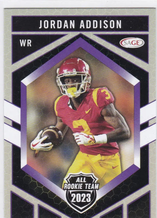 Jordan Addison 2023 Rookie Team trading card featuring USC wide receiver in action