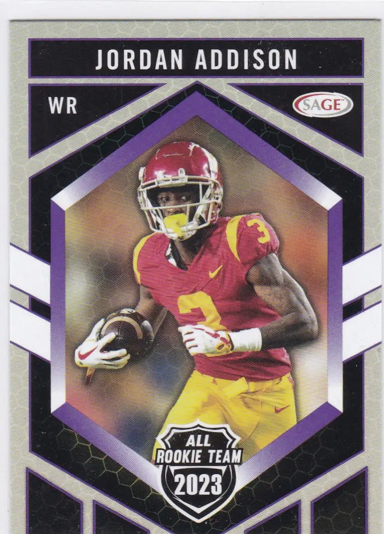 Jordan Addison 2023 Rookie Team trading card featuring USC wide receiver in action