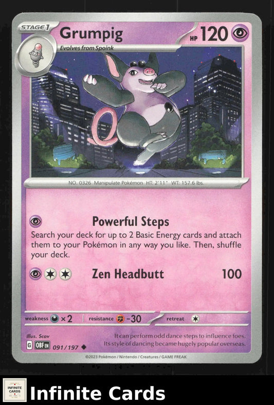2023 Scarlet & Violet: Obsidian Flames Grumpig #091/197 Regular Uncommon NM - Pokémon Card Single