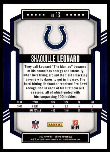 2023 Score #13 Shaquille Leonard NM Near Mint Colts ID:64959 - Football Card Single