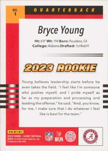 2023 Score 2003 Throwback Rookie #1 Bryce Young NM Near Mint ID:64993 - Football Card Single