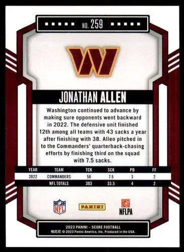 2023 Score #259 Jonathan Allen NM Near Mint Commanders ID:64976 - Football Card Single