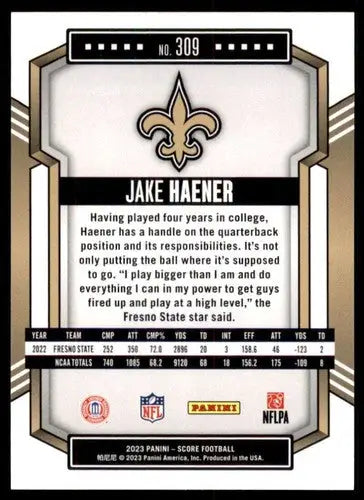 2023 Score #309 Jake Haener NM Near Mint RC Rookie Saints ID:64981 - Football Card Single