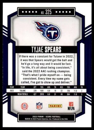 2023 Score #325 Tyjae Spears NM Near Mint RC Rookie Titans ID:64983 - Football Card Single