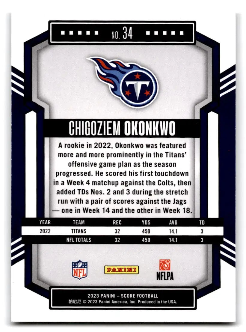 2023 Score #34 Chigoziem Okonkwo - Football Card Single