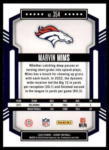 2023 Score #354 Marvin Mims NM Near Mint RC Rookie Broncos ID:64987 - Football Card Single
