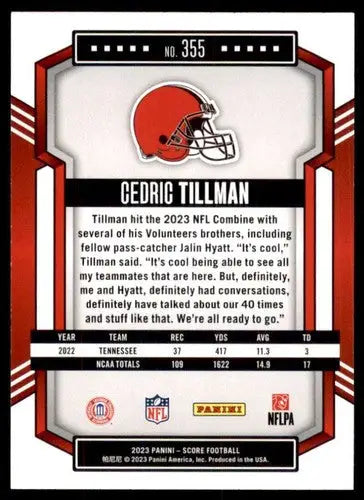 2023 Score #355 Cedric Tillman NM Near Mint RC Rookie Browns ID:64988 - Football Card Single