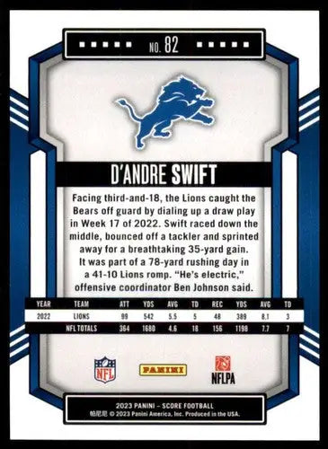 2023 Score #82 D’Andre Swift NM Near Mint Lions ID:64965 - Football Card Single