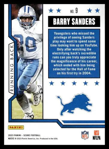 2023 Score First Ballot #9 Barry Sanders NM Near Mint Lions ID:64941 - Football Card Single