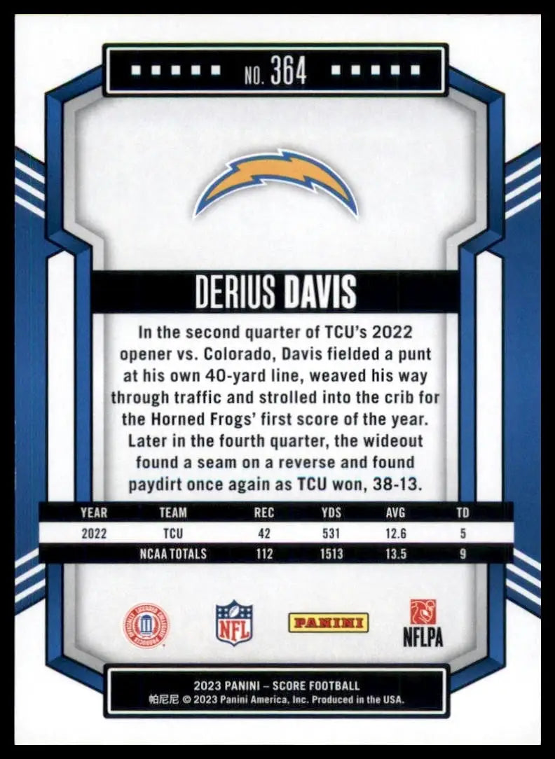 2023 Score Rookie Derius Davis #364 Los Angeles Chargers Football Card NFL Sport - Football Card Single