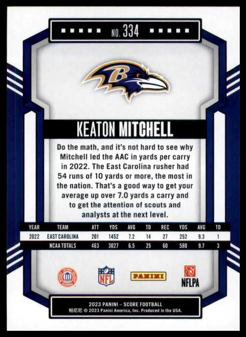 2023 Score Rookie Keaton Mitchell #334 Baltimore Ravens Football Card NFL Sports